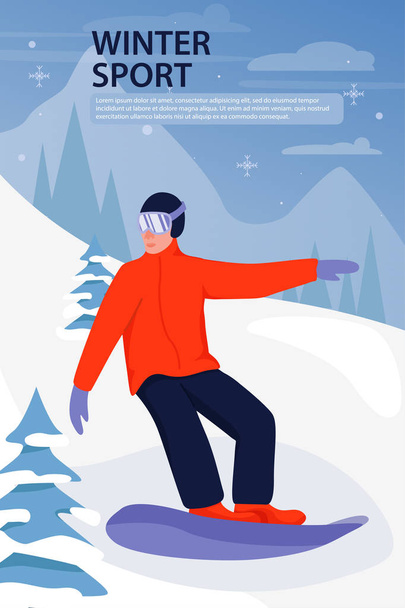 Actividad deportiva extrema. Ilustración con snowboarder en traje deportivo. Deportista en descenso
. - Vector, imagen