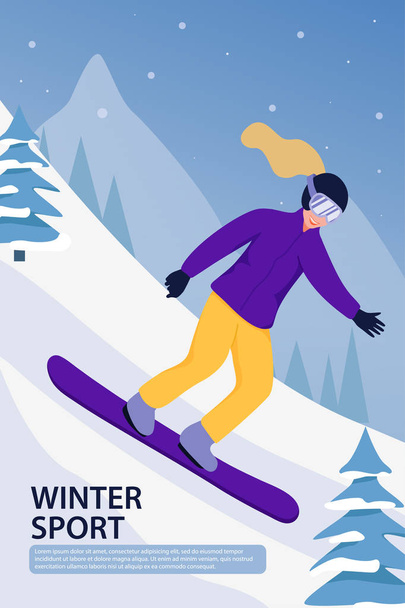 Actividad deportiva extrema. Ilustración con snowboarder en traje deportivo. Deportista en descenso
. - Vector, Imagen