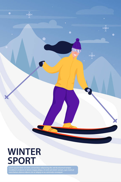 Sport activity illustration with skier in sports suit. Sportsman on downhill. - Vector, Image