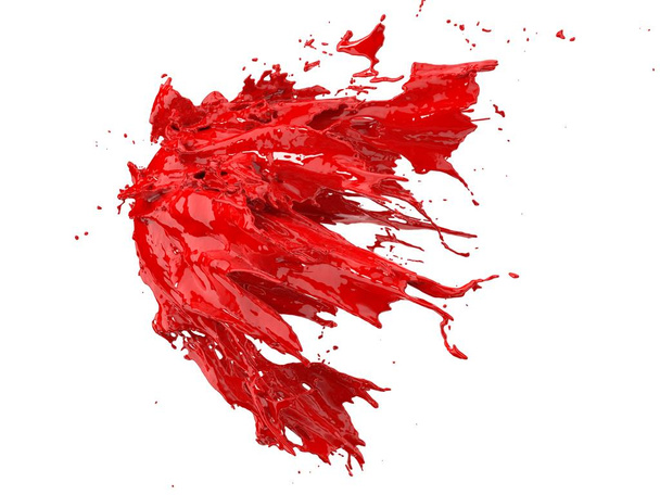červená tekutina se stříkající na bílém podkladu. 3D ilustrace - Fotografie, Obrázek