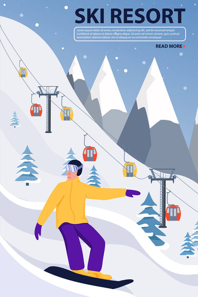 Баннерная иллюстрация горнолыжного курорта с подъемником и сноубордистом. Спортсмен скользит по склонам
. - Вектор,изображение