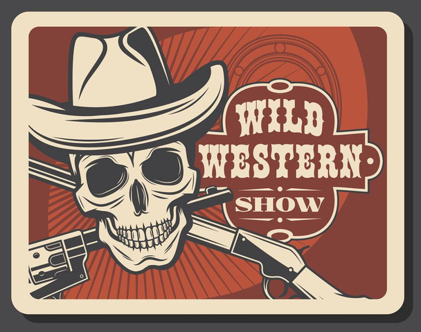 Skull in sheriff hat, crossed guns, wild west - Vector, Image
