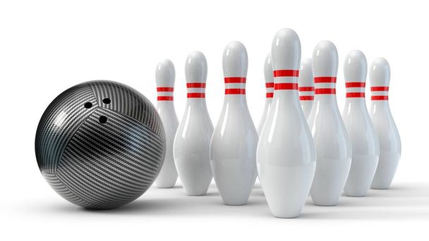boule de bowling en fibre de carbone avec broches. isolé sur fond blanc. Illustration 3d
 - Photo, image
