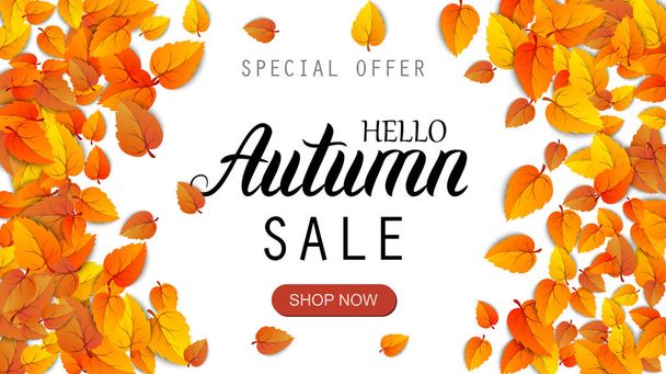 Hello autumn sale lettering banner. Special offer discount poster with fall golden leaves frame. Autumn seasonal design template shopping promotion advertising isolated on white. Vector illustration - ベクター画像