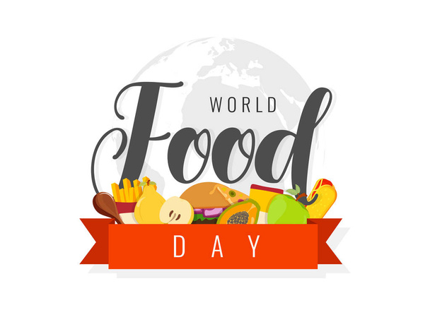 Concepto del Día Mundial de la Alimentación con frutas, patas de pollo y comida rápida
 - Vector, imagen