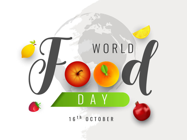 Creative text of World Food Day with fruits on white earth globe - Вектор,изображение