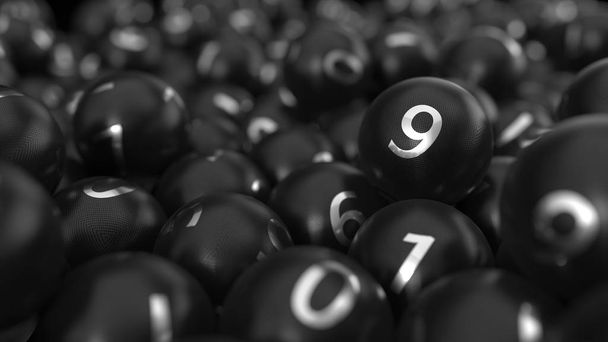 Szénszálas lottó labdák fém számok. 3D-illusztráció - Fotó, kép