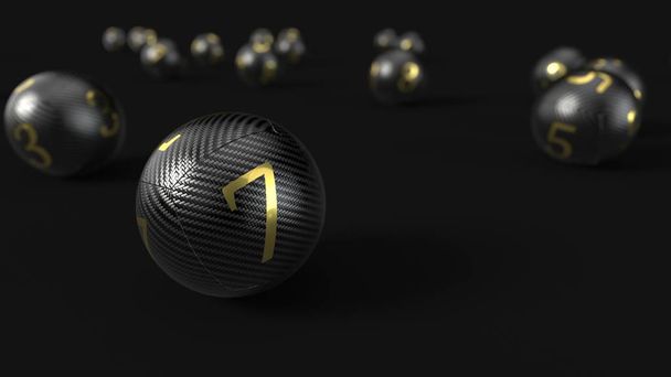 Koolstofvezel loterij ballen met gouden cijfers. 3D-illustratie - Foto, afbeelding