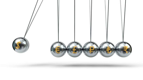 Newtonovy kolébky stříbrné koule a zlaté měnové symboly. 3D ilustrace - Fotografie, Obrázek