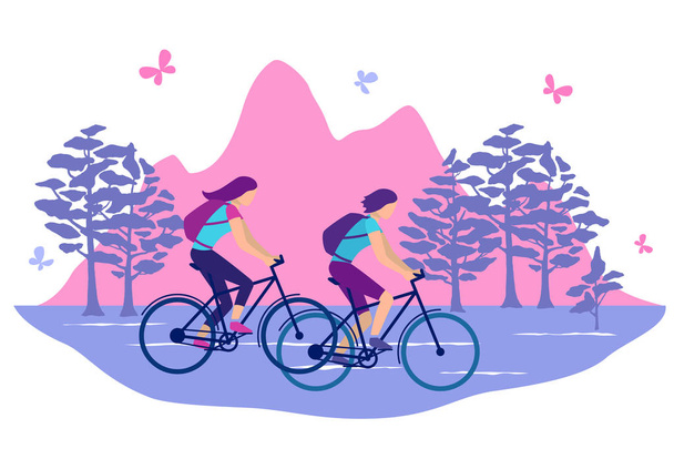 Woman ride bicycles on a background of mountains. - Vector, Image