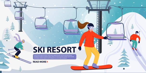 Nápis lyžařské středisko – ilustrace s lyžařským výtahem. Lyžníci a snowboardisté se klouzat po svazích dolů. Snowboarding a lyžování v horách. - Vektor, obrázek