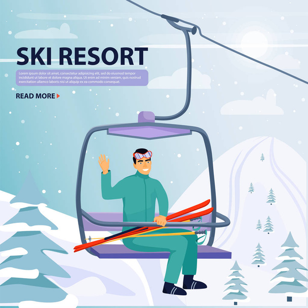 Χειμερινή διακοπές. Ευτυχισμένος άνθρωπος ανεβαίνει στο λιφτ του σκι ανελκυστήρα και κουνώντας το χέρι. - Διάνυσμα, εικόνα