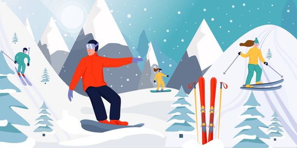 スキー場バナーイラスト。スキーヤーやスノーボーダーのスポーツマンは、斜面を滑り降りる。山でのスノーボードとスキー. - ベクター画像
