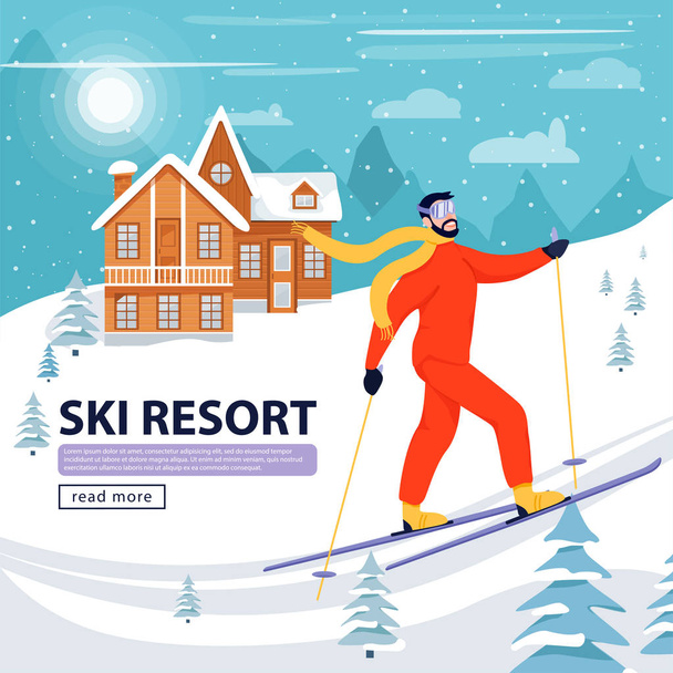 Banner des Skigebiets mit Skifahrer, Holzhotel und verschneiten Bergen. glücklicher Mann beim Skifahren in den Bergen. - Vektor, Bild
