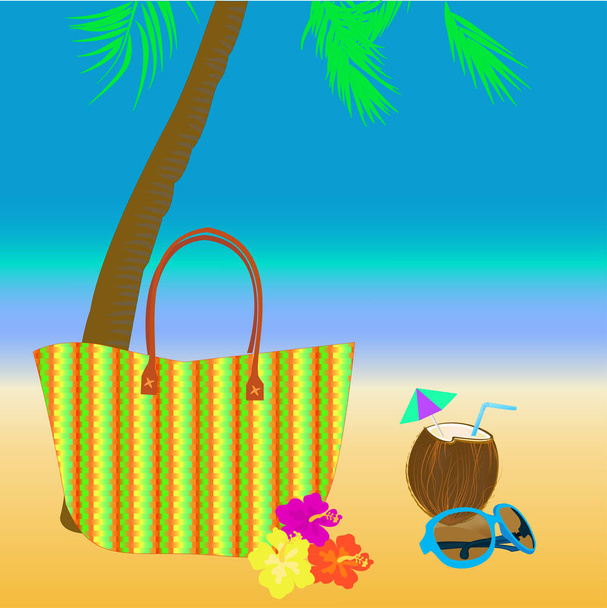 Vektori palmu, ranta laukku, cocunut, aurinkolasit ja kukat rannalla taustalla.Travel postikortti
 - Vektori, kuva