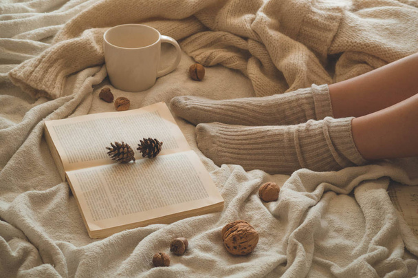 居心地の良い秋の冬の夜、暖かいウールの靴下。女性は白いシャギーの毛布の上に足を上げて、本を読んでいます - 写真・画像