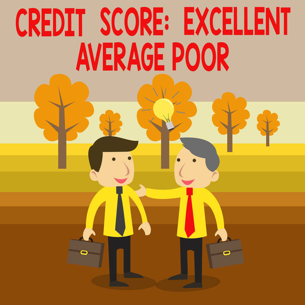 Szöveges jel mutatja Credit pontszám kiváló átlagos szegények. Konceptuális fotó hitelesség-szint osztályzat jelentés két fehér üzletemberek kollégák rövid ügyek megosztása Idea megoldás. - Fotó, kép
