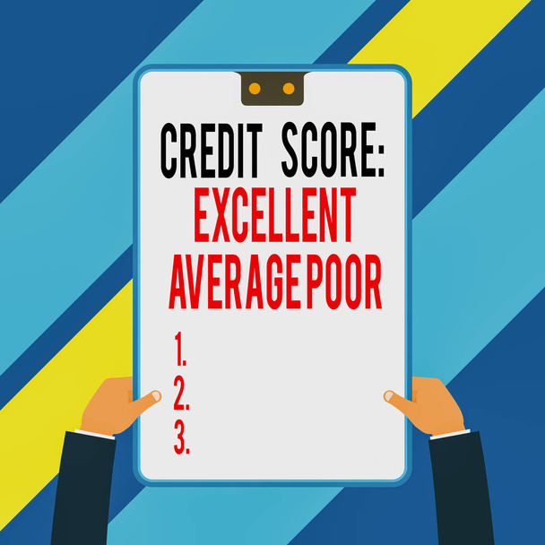 Word writing text Credit Score Excellent Average Poor. Business concept for Level of creditworthness Rating Report Two executive male hands holding electronic device geometrical background. - Photo, Image