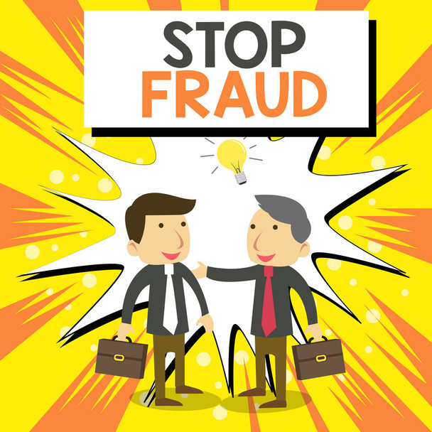 Conceptual hand writing showing Stop Fraud. Business photo showcasing campaign advices showing to watch out thier money transactions Businessmen Colleagues with Brief Case Sharing Idea Solution. - Photo, Image