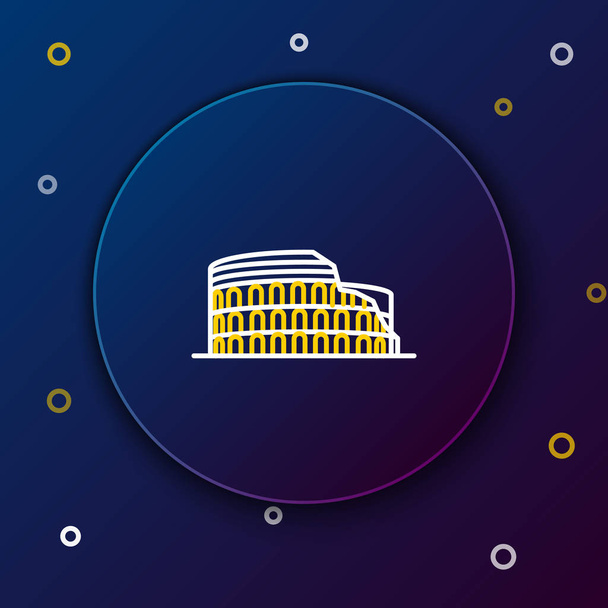 White and yellow line Coliseum in Rome, Italy icon isolated on dark blue background. Colosseum sign. Symbol of Ancient Rome, gladiator fights. Colorful outline concept. Vector Illustration - Vector, Image