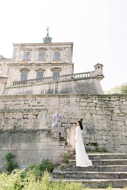 beautiful Asian couple in luxury clothes outdoors near the castle - Fotoğraf, Görsel