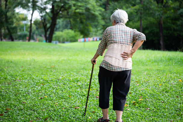 腰の痛み、筋肉の損傷、高齢者の手を保護するために背中のサポートベルトを身に着けているアジアの高齢者の女性は腰の痛み、腰痛、腰の痛み、医学と医療の概念に苦しんでいる腰に触れる - 写真・画像