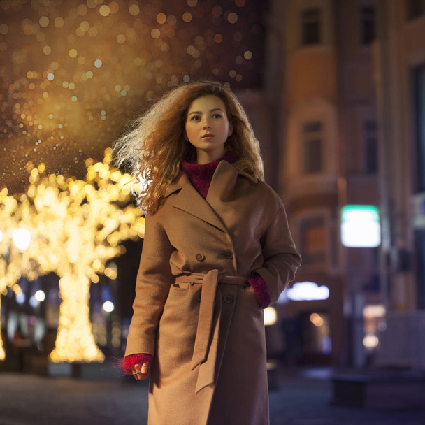 beautiful Christmas portrait of a young woman on the street in the new year - Foto, Imagem