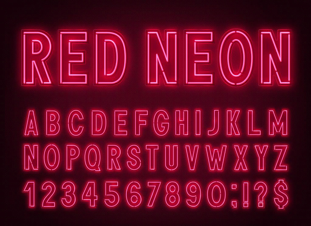 Νέον κόκκινη γραμματοσειρά, ελαφρύ αλφάβητο με αριθμούς. - Διάνυσμα, εικόνα