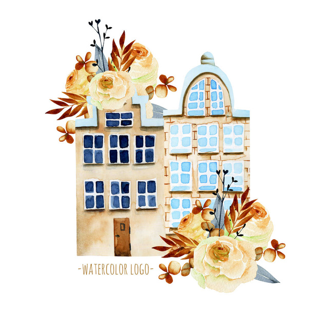 Arquitectura europea de acuarela, casas con elementos florales, pintadas a mano aisladas sobre un fondo blanco, para crear un logotipo, símbolo
 - Foto, Imagen