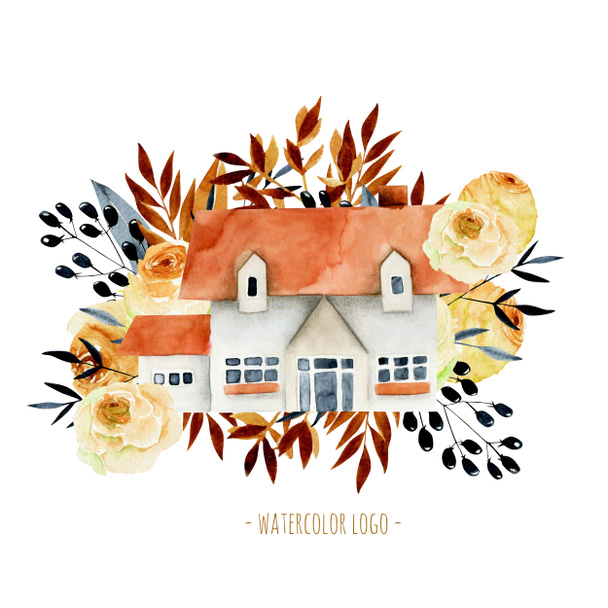 Watercolor family house with floral elements, hand painted isolated on a white background, illustration for logo, symbol, home decor - Fotoğraf, Görsel