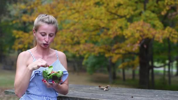 Mulher comendo salada fresca sentada no parque. Alimentação saudável, conceito de dieta e comida vegana
 - Filmagem, Vídeo
