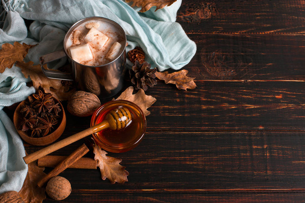 Iron mug with cocoa, honey, marshmallows, spices, on a backgroun - Valokuva, kuva