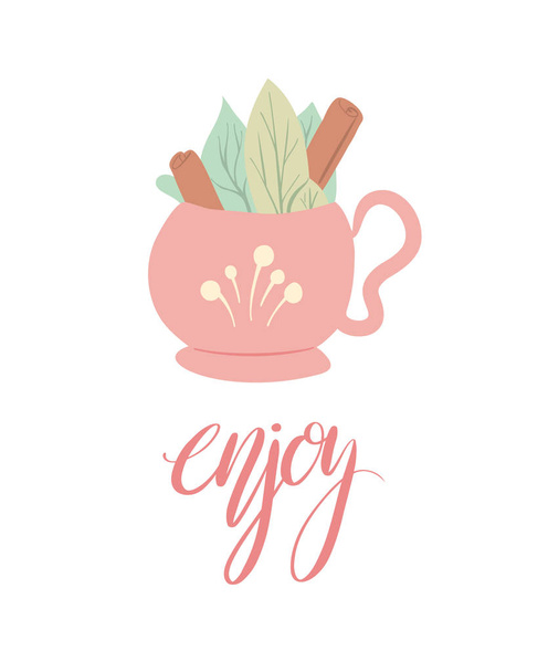 Postcard with a cup of tea with foliage and cinnamon sticks and lettering. Enjoy. Vertical summer card with calligraphy. Vector flat cover - Vector, Image