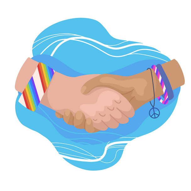 Illustrazione piatta vettoriale di strette di mano con palline e braccialetti. Giornata internazionale dell'amicizia. Unità e riconoscimento. Quadro del fumetto in stile moderno
 - Vettoriali, immagini