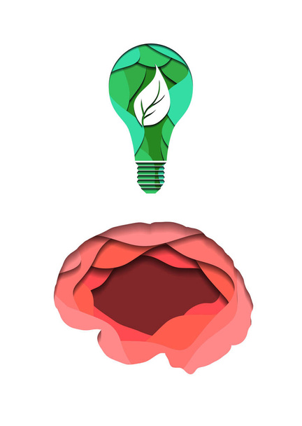Capas de cerebro humano y eco bombilla cortada de papel sobre fondo blanco. Idea e innovación ecológicas. Papel cortado en origami. Ilustración vectorial
 - Vector, Imagen
