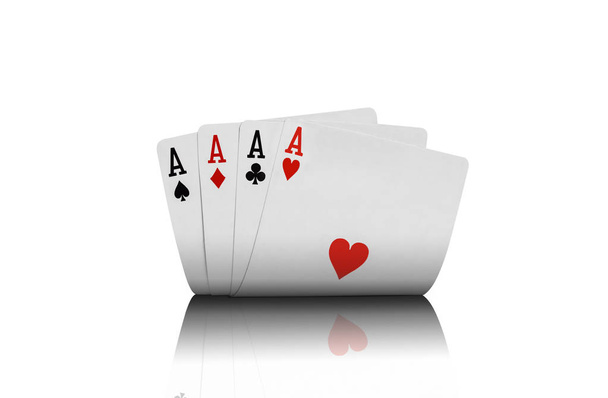Foto de close-up de quatro ases isolados em fundo branco. Jogar às cartas. Entretenimento de jogo
. - Foto, Imagem