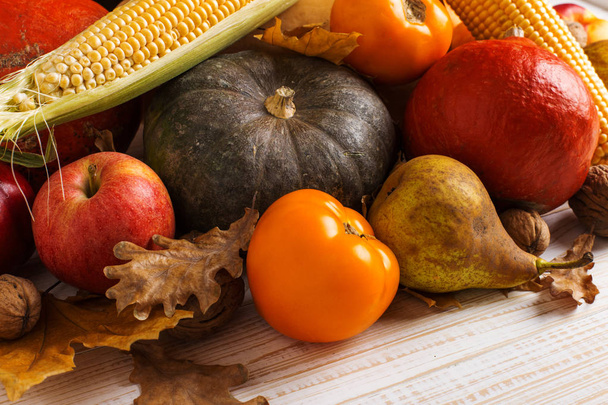 Different vegetables pumpkins, apples, pears, nuts, corn, tomatoes, dry yellow leaves on white wooden background. Autumn Harvest concept, copy space. - Zdjęcie, obraz