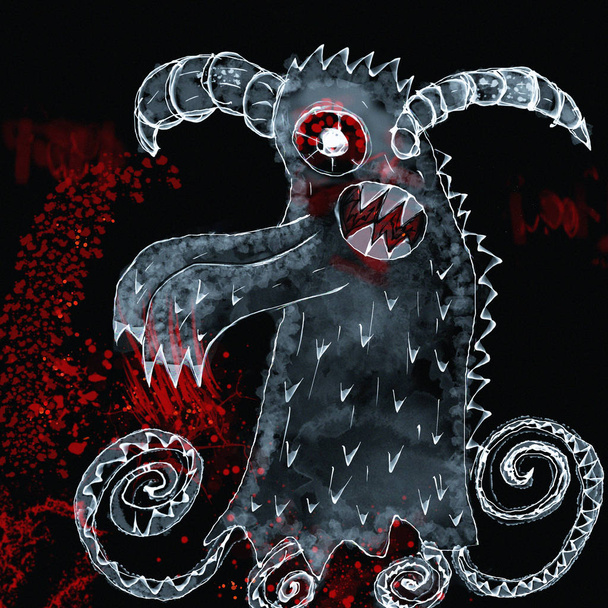 Desenho de monstro feio no fundo escuro com sangue nas patas
 - Foto, Imagem