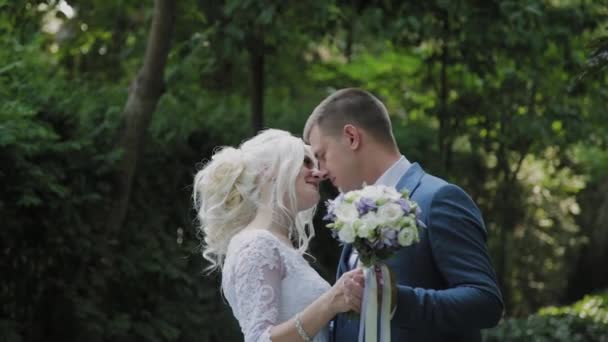 Happy newlyweds walk in the park holding hand, hug kiss. - Footage, Video