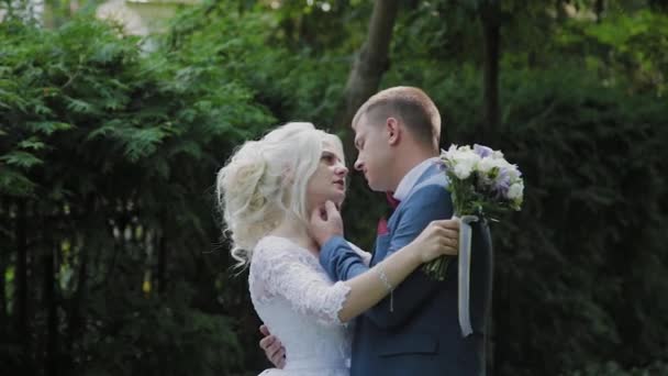 Happy newlyweds walk in the park holding hand, hug kiss. - Footage, Video