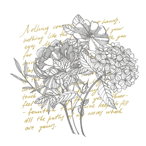 Kimppu. Kevään kukkia ja oksia. Pioneja, Hydrangea, Rose. Vintage kasvitieteellinen kuvitus. Musta ja valkoinen joukko piirustus ruiskukkia, kukka elementtejä, käsin piirretty kasvitieteellinen kuva. Käsin kirjoitettu
 - Vektori, kuva