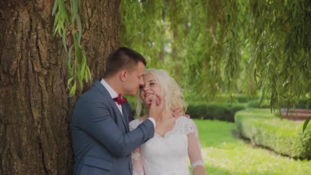 Happy newlyweds hug kiss in park. - Footage, Video