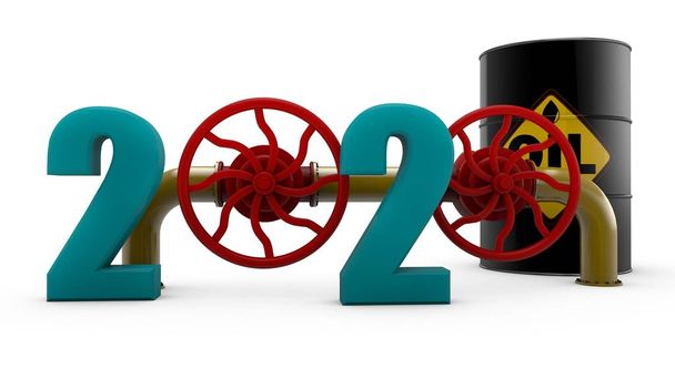 3D-illustratie van de 2020 Nieuwjaar datum gevormd door nummers en twee kleppen op de gaspijpleiding. Op de achtergrond, een vat olie en een gastank. 3D-rendering geïsoleerd op witte achtergrond. - Foto, afbeelding