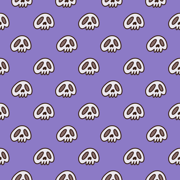 Patrón de Halloween con cráneo sobre fondo púrpura. Se puede utilizar para el embalaje, papel de embalaje, textil y etc.
. - Vector, Imagen