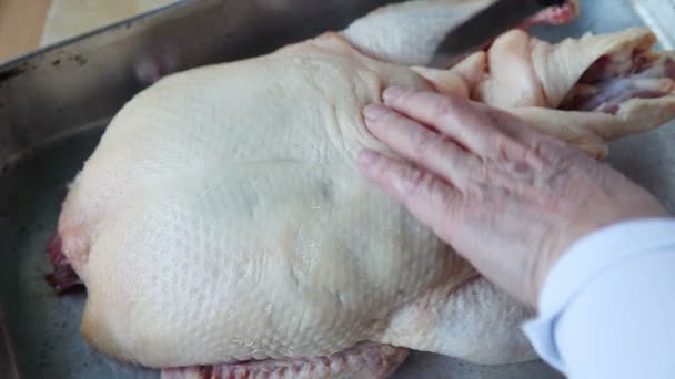 Uma mulher perfura a pele de um pato cru para liberar o excesso de gordura durante a torrefação
 - Filmagem, Vídeo