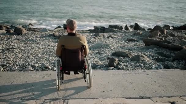 Sam mężczyzna wózek inwalidzki siedzi spokojnie na wybrzeżu i relaks, widok z tyłu - Materiał filmowy, wideo