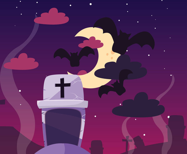 cadılar bayramı sahnesinde ay ile mezarlık mezar taşı - Vektör, Görsel