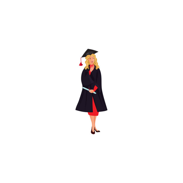 Выпускница в мантии с дипломной прокруткой векторной иллюстрации в плоском мультяшном стиле
 - Вектор,изображение