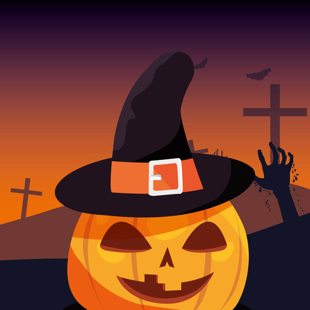 calabaza de Halloween con sombrero de bruja en la escena del cementerio
 - Vector, Imagen