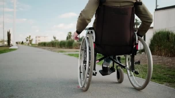 Niepełnosprawny człowiek na wózku porusza się nad letnią uliczkę, widok z tyłu - Materiał filmowy, wideo